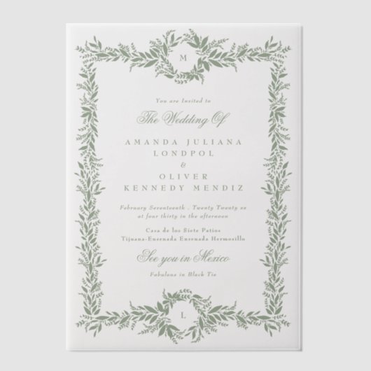 Dubbele Monogram Sage Groene Bladerige lijst bruil Vellum Uitnodigingen (Voorkant)