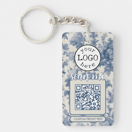 Dubbele QR-code voor Business Elegant Blue Toile Sleutelhanger (Voorkant)