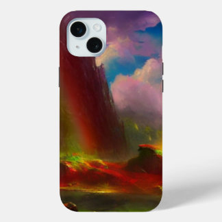 Dubbele regenboog over dramatische klif iPhone 15 mini hoesje