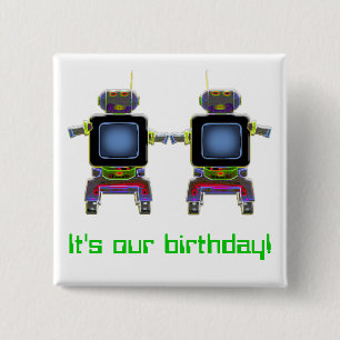 dubbele robots in neonkleuren vierkante button 5,1 cm