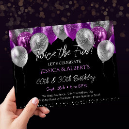 Dubbele Verjaardag Paarse en Zilveren Ballon Kaart