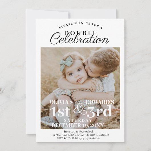 Dubbele verjaardagsfoto Elegant Minimaal Kaart (Voorkant)