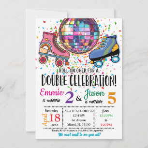 Dubbele Viering Roller Schaats Disco Uitnodiging