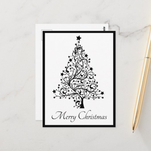 Dubbele zwarte en witte minimale kerstbomen briefkaart (Voorkant / Achterkant in situ)