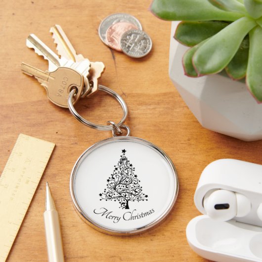 Dubbele zwarte en witte minimale kerstbomen sleutelhanger (Bureau)