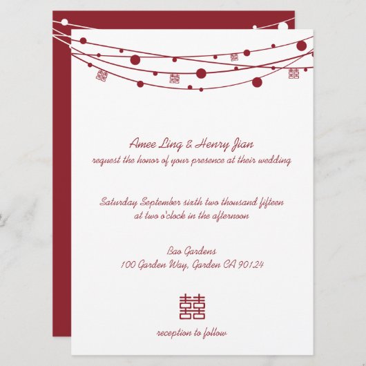 Dubbelgeluk Lantaarns Chinees huwelijk nodigt uit Kaart (Voorkant / Achterkant)