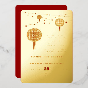 Dubbelgeluk Lantaarns Moderne Chinese bruiloft Folie Uitnodiging