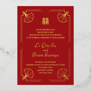 Dubbelgeluk Rode Chinese bruiloft Real Gold Folie Uitnodiging