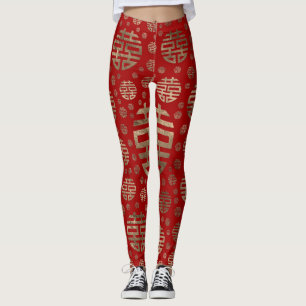 Dubbelgeluk Symbool patroon - Goud op rood Leggings