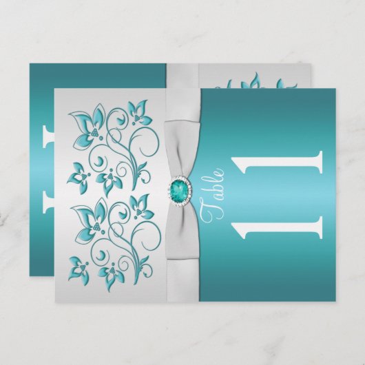 Dubbelzijdig Aqua en zilver Bloemen Tafel Nummer Briefkaart (Voorkant / Achterkant)