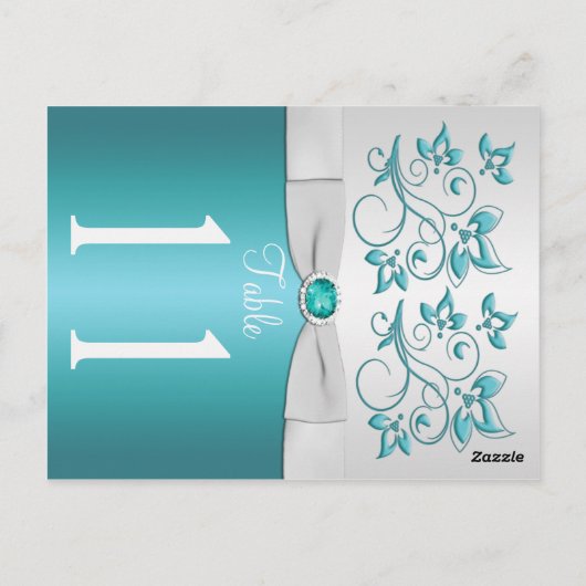 Dubbelzijdig Aqua en zilver Bloemen Tafel Nummer Briefkaart (Achterkant)
