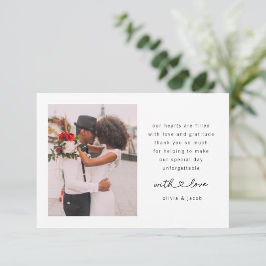 Dubbelzijdig hart script foto bruiloft bedankkaart (Staand voorkant)