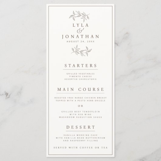 Dubbelzijdig ivoor & bruin bruiloft bar/diner menu (Voorkant)