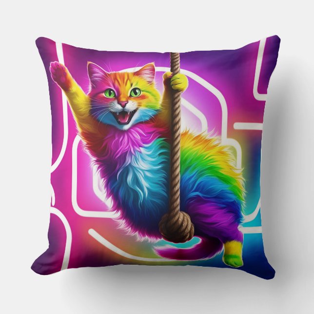 Dubbelzijdig kussen: Neon Hanging Feline Kussen (Voorkant)
