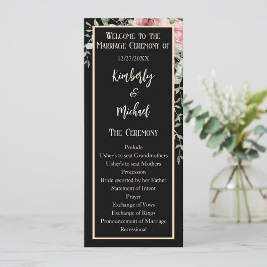 Dubbelzijdig Zwart Roze Boho Wedding Programma (Staand voorkant)