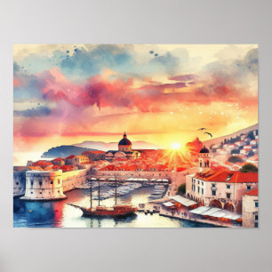 Dubrovnik Kroatië Sunrise waterverf Poster