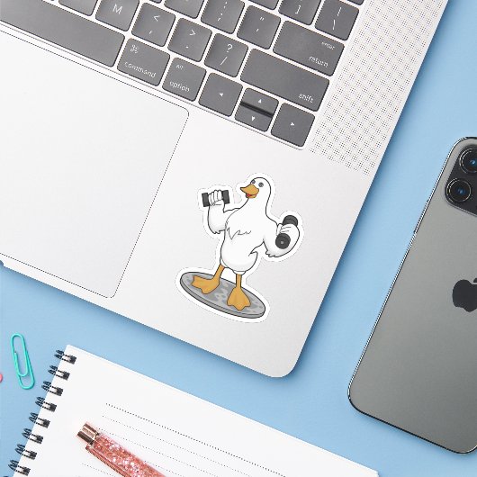 Duck as Bodybuilder with Dumbbells Sticker (Laptop met iPhone)