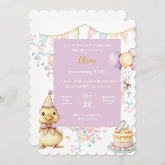 Duck Birthday Invitation • Little Duckling Party Kaart (Voorkant / Achterkant)