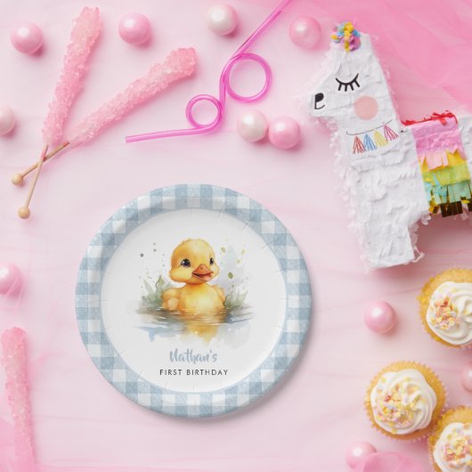 Duck Blue Gingham Verjaardagspapier Bord (Feest)