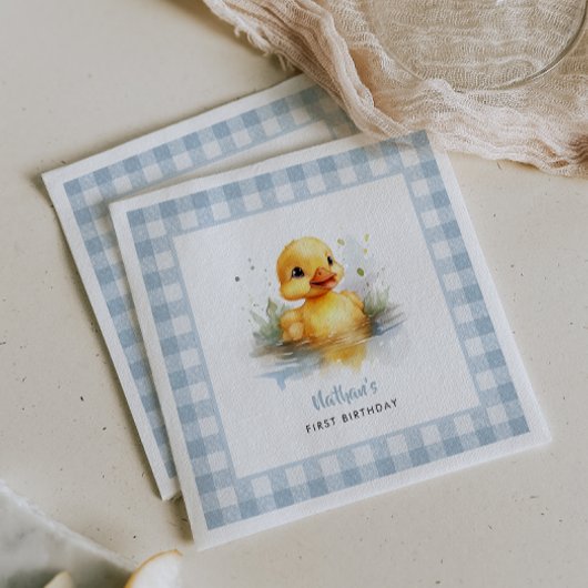Duck Blue Gingham Verjaardagspapier Servet