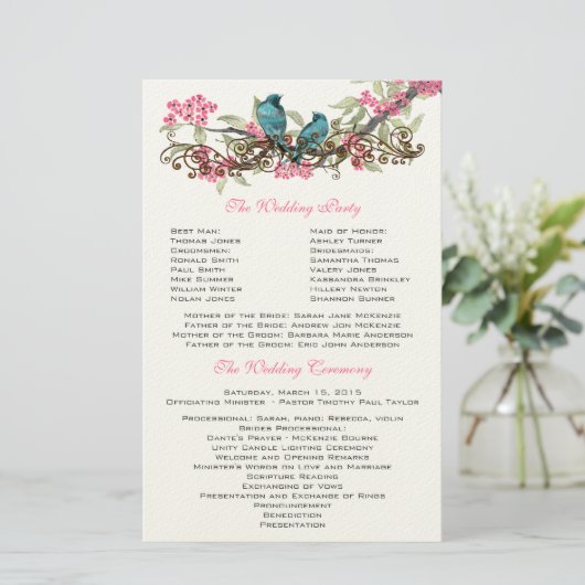 Duck Egg Blue Birds & Pink Wedding Programme Briefpapier (Staand voorkant)
