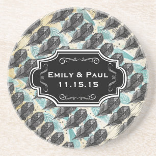Duck Egg Blue Feather Pattern Weddenschap Onderzet Zandsteen Onderzetter