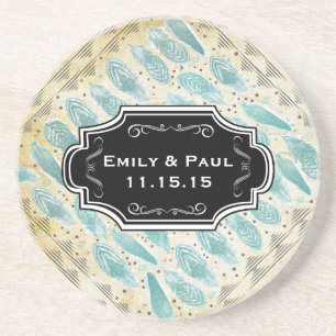 Duck Egg Blue Feather Pattern Weddenschap Onderzet Zandsteen Onderzetter