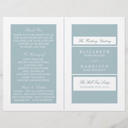Duck Egg Blue Modern Wedding Bi-voudig Programme (Voorkant)