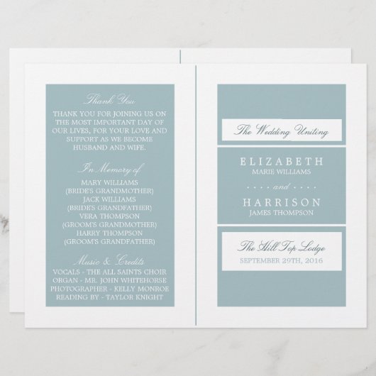 Duck Egg Blue Modern Wedding Bi-voudig Programme (Voorkant / Achterkant)