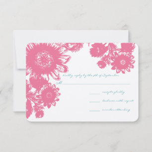 Duck Egg Blue & Pink Flower Wedding RSVP Kaartje
