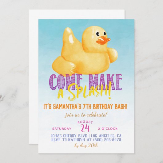 Duck Float Pool Summer Birthday Invitation Kaart (Voorkant / Achterkant)