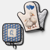 Duck Love Blue Pattern Hearts Initiaal Ovenwant & Pannenlap Set (Voorkant / Achterkant)