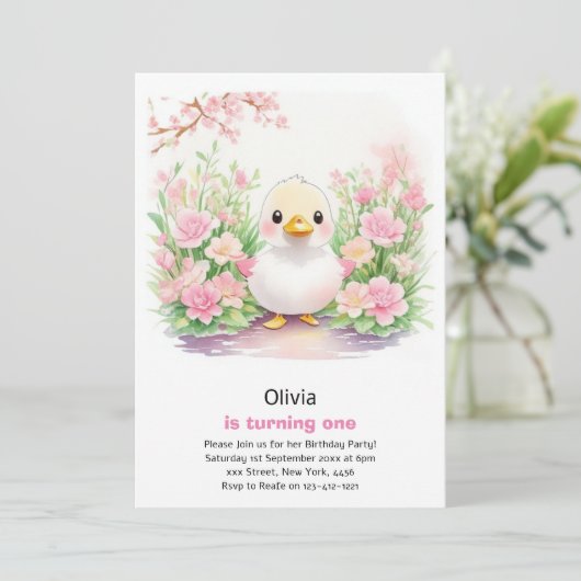 Duck Meisje Eerste Verjaardag Uitnodiging (Staand voorkant)
