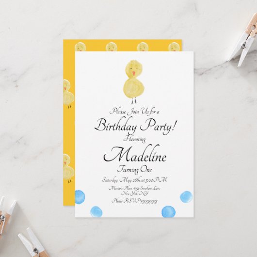Duck Waterverf Painted First Birthday Party Kaart (Voorkant / Achterkant in situ)