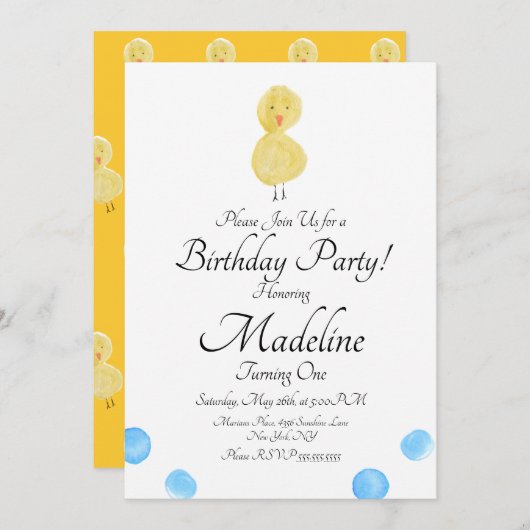 Duck Waterverf Painted First Birthday Party Kaart (Voorkant / Achterkant)
