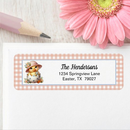 Duckling Chick in Easter Egg on Pink Gingham Plaid Etiket