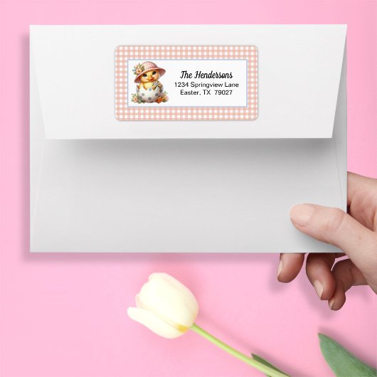 Duckling Chick in Easter Egg on Pink Gingham Plaid Etiket