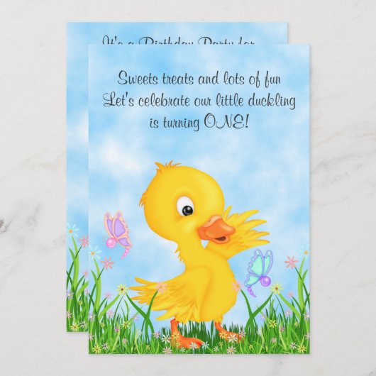 Duckling en vlinders 1e verjaardag uitnodiging (Voorkant / Achterkant)