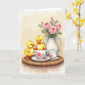 Duckling Tea Party Scene Card Kaart (Gele Bloem)