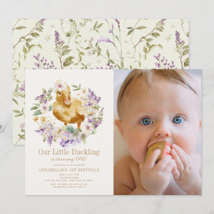 Duckling Waterverf Bloemen Meisje 1e Verjaardag Fo Kaart