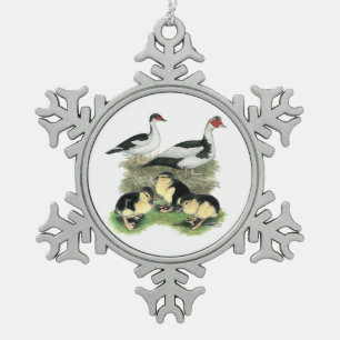 Ducks Black Pied Muscovy Family Tin Sneeuwvlok Ornament