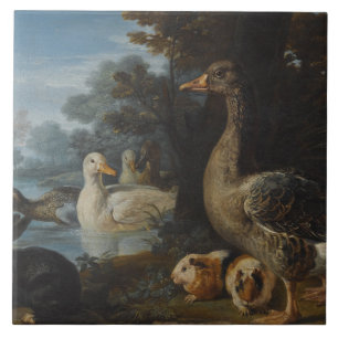 Ducks Guinea Pigs and a Rabbit in a Wooded Landsc Tegeltje