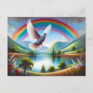 Duif die onder een regenboog vliegt briefkaart