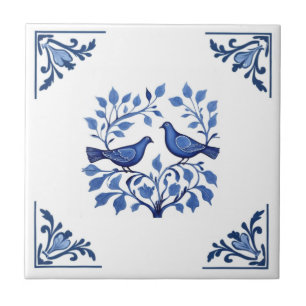 Duif Duif Vogel Paar Blauw Wit Delfts Hoeken Tegeltje
