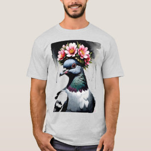 Duif met een roze bloemenkroon t-shirt