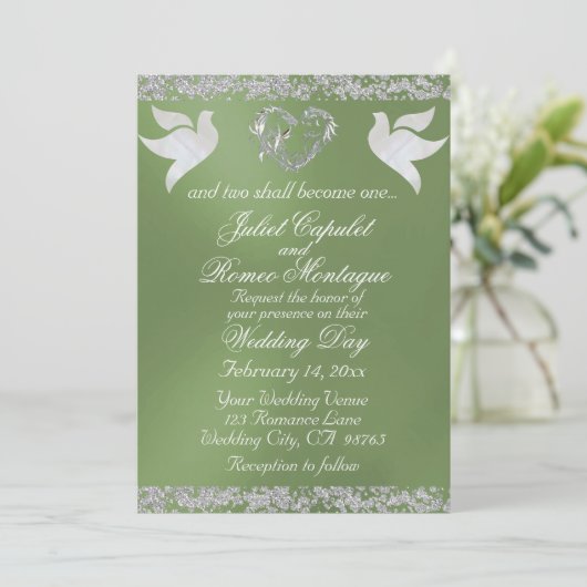 Duif, Zilveren Hart & Glitter, QR Code - Sage Kaart (Staand voorkant)