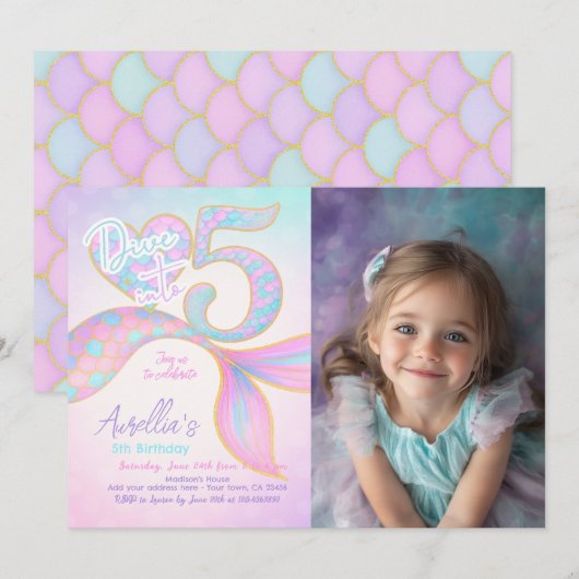 Duik in de vijf zeemeerminverjaardag kaart (Voorkant / Achterkant)