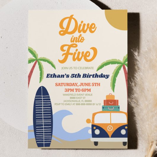 Duik in Five Beach Surf Retro 5e verjaardagsfeestj Kaart