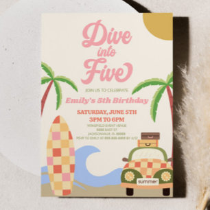 Duik in Five Beach Surf Retro 5e verjaardagsfeestj Kaart