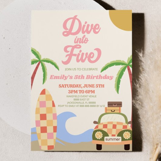 Duik in Five Beach Surf Retro 5e verjaardagsfeestj Kaart